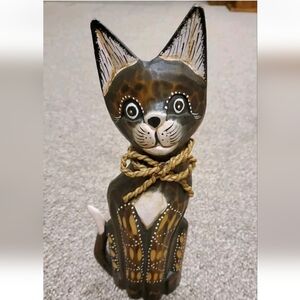 Vintage Cat Wooden Hand Painted Standing Figurine EUC